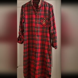 Lauren Ralph Lauren Red Plaid Flannel Sleep Shirt Leopard Collar Crest LRL